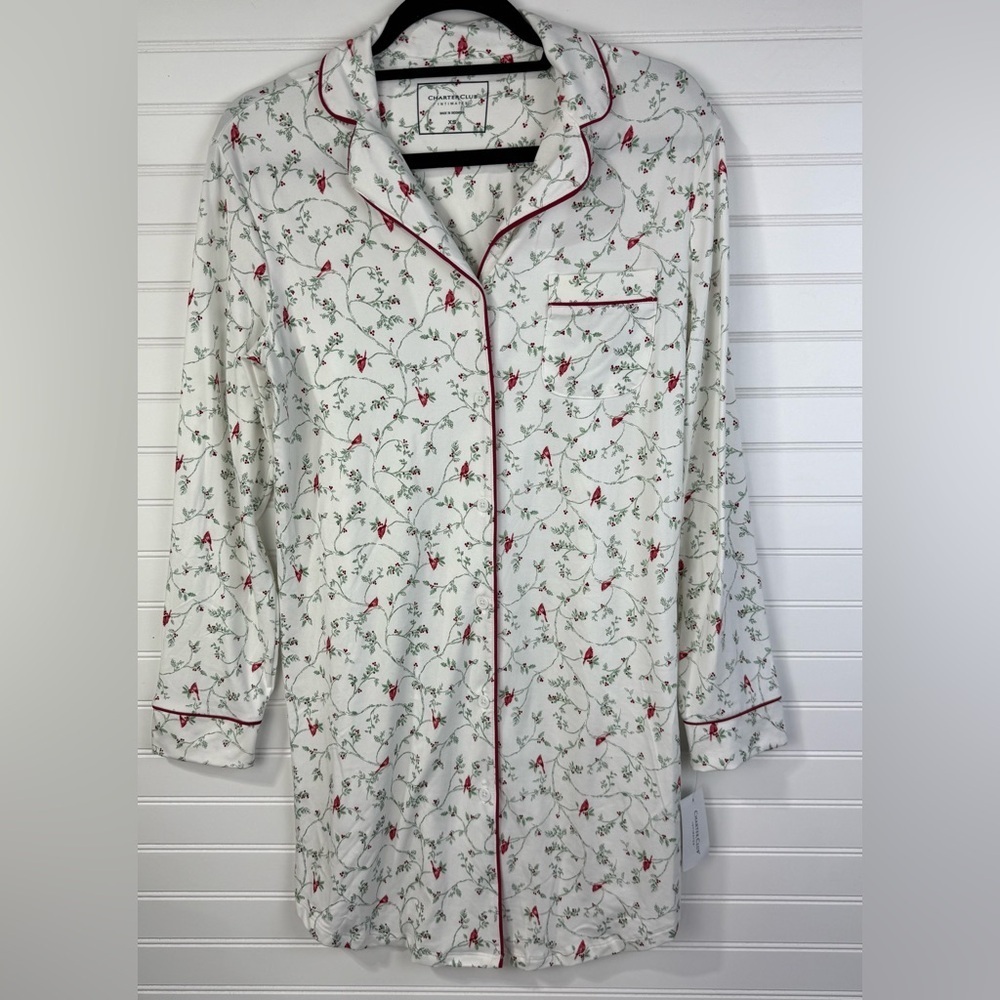 Charter Club womens holly & cardinals white Christmas holiday sleep shirt XS NWT